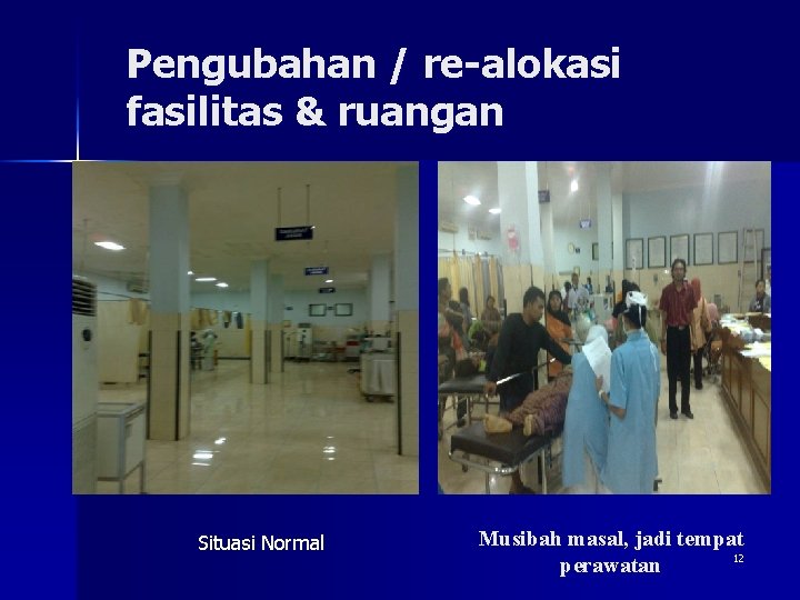 Pengubahan / re-alokasi fasilitas & ruangan Situasi Normal Musibah masal, jadi tempat 12 perawatan