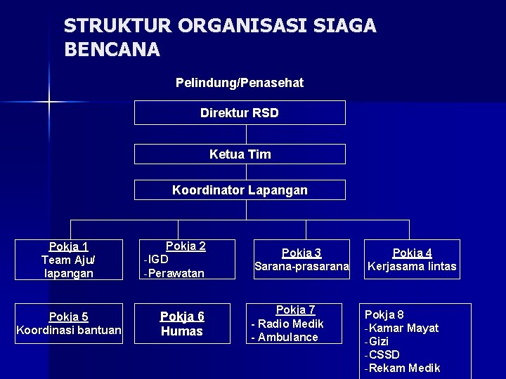 STRUKTUR ORGANISASI SIAGA BENCANA Pelindung/Penasehat Direktur RSD Ketua Tim Koordinator Lapangan Pokja 1 Team