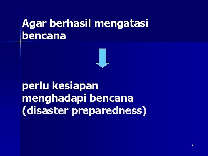 Agar berhasil mengatasi bencana perlu kesiapan menghadapi bencana (disaster preparedness) 7 