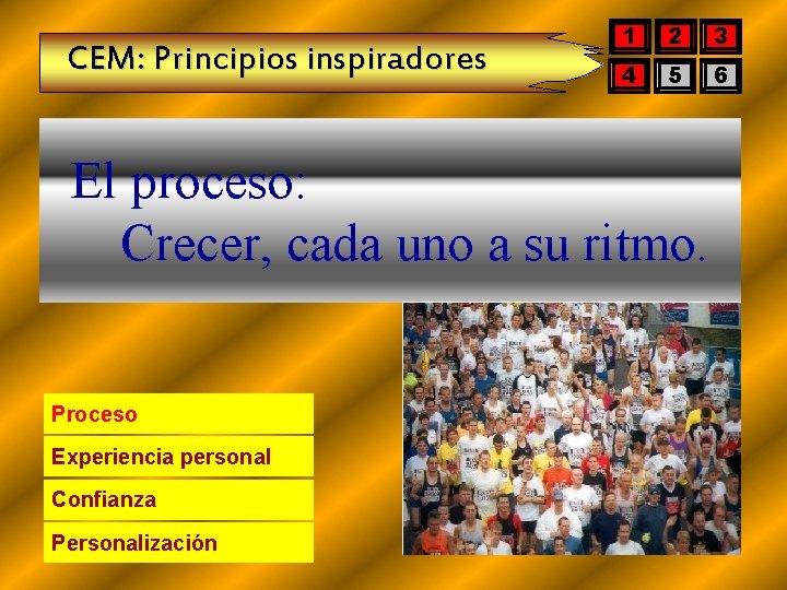CEM: Principios inspiradores 1 2 3 4 5 6 El proceso: Crecer, cada uno
