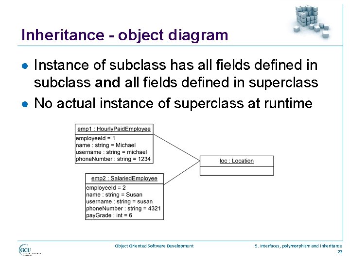 Inheritance - object diagram l l Instance of subclass has all fields defined in