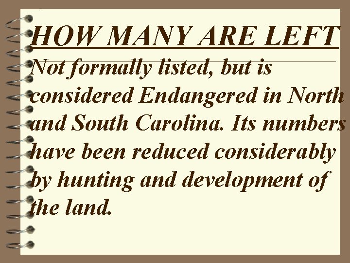 HOW MANY ARE LEFT Not formally listed, but is considered Endangered in North and