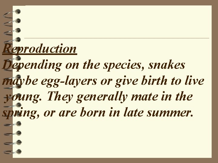 Reproduction Depending on the species, snakes maybe egg-layers or give birth to live young.