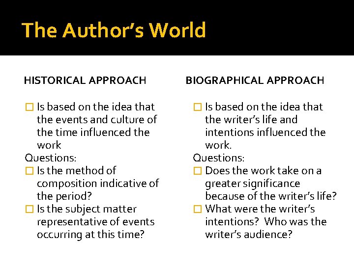 The Author’s World HISTORICAL APPROACH � Is based on the idea that the events