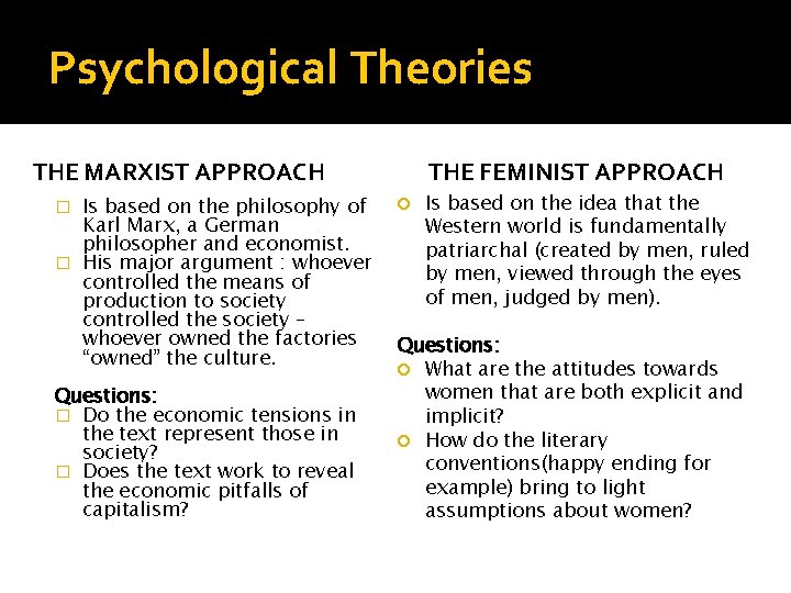 Psychological Theories THE MARXIST APPROACH Is based on the philosophy of Karl Marx, a