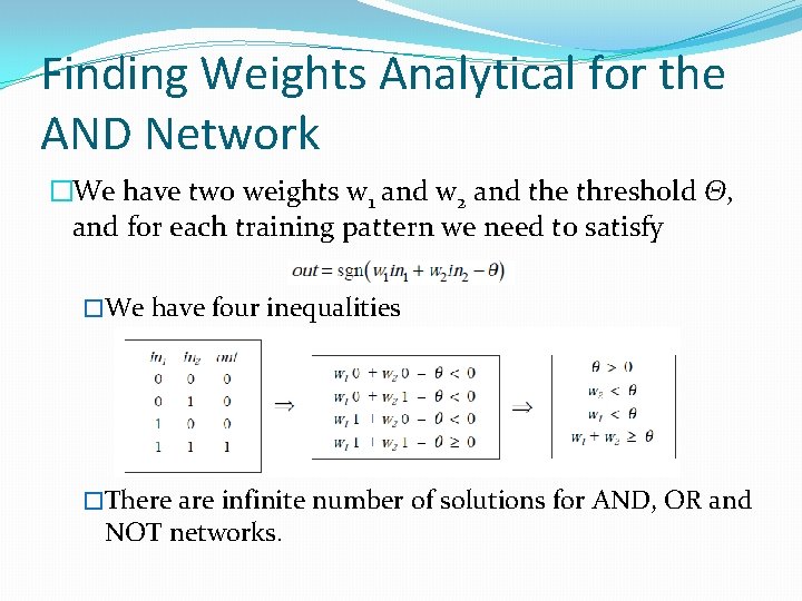 Finding Weights Analytical for the AND Network �We have two weights w 1 and Finding Weights Analytical for the AND Network �We have two weights w 1 and