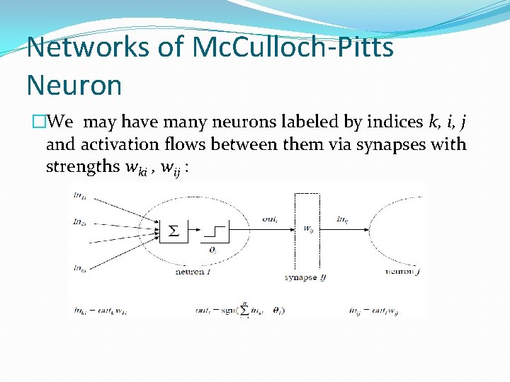 Networks of Mc. Culloch-Pitts Neuron �We may have many neurons labeled by indices k, Networks of Mc. Culloch-Pitts Neuron �We may have many neurons labeled by indices k,
