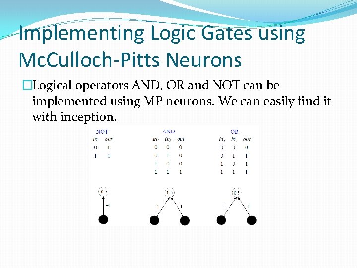 Implementing Logic Gates using Mc. Culloch-Pitts Neurons �Logical operators AND, OR and NOT can Implementing Logic Gates using Mc. Culloch-Pitts Neurons �Logical operators AND, OR and NOT can