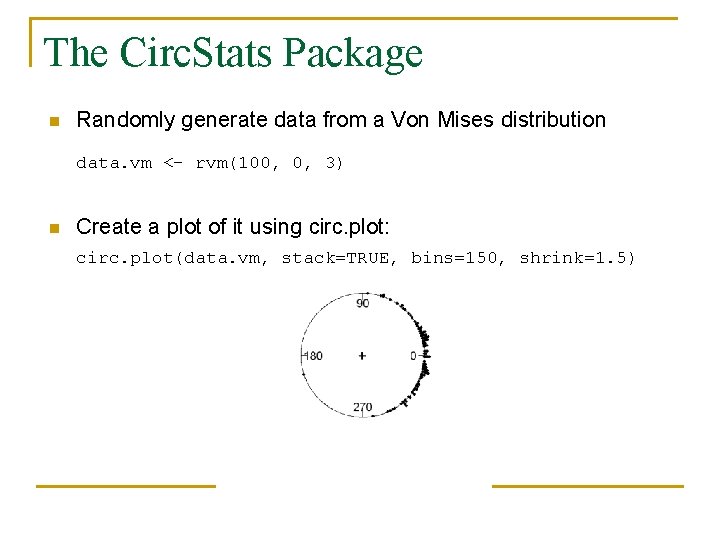 The Circ. Stats Package n Randomly generate data from a Von Mises distribution data.