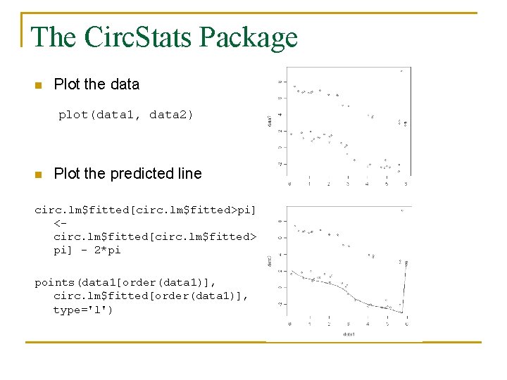 The Circ. Stats Package n Plot the data plot(data 1, data 2) n Plot