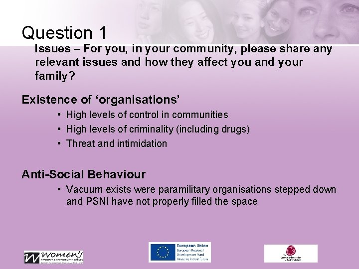 Question 1 Issues – For you, in your community, please share any relevant issues