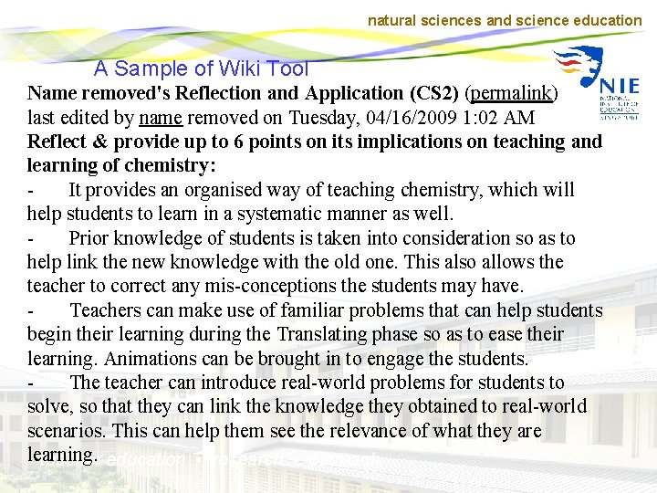 natural sciences and science education A Sample of Wiki Tool Name removed's Reflection and