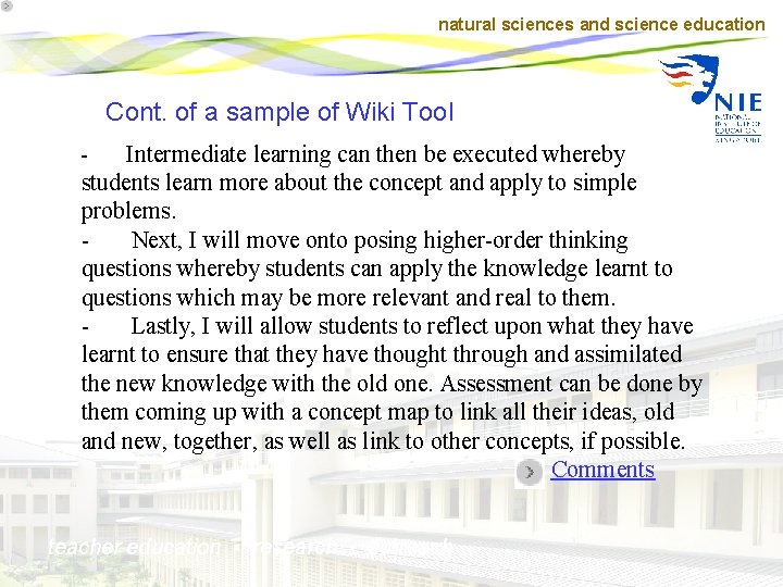 natural sciences and science education Cont. of a sample of Wiki Tool Intermediate learning