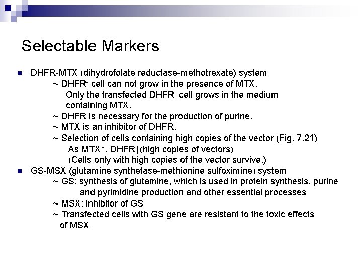 Selectable Markers n n DHFR-MTX (dihydrofolate reductase-methotrexate) system ~ DHFR- cell can not grow