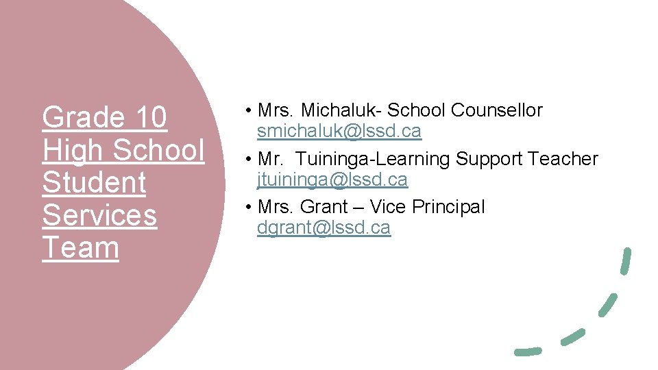 Grade 10 High School Student Services Team • Mrs. Michaluk- School Counsellor smichaluk@lssd. ca