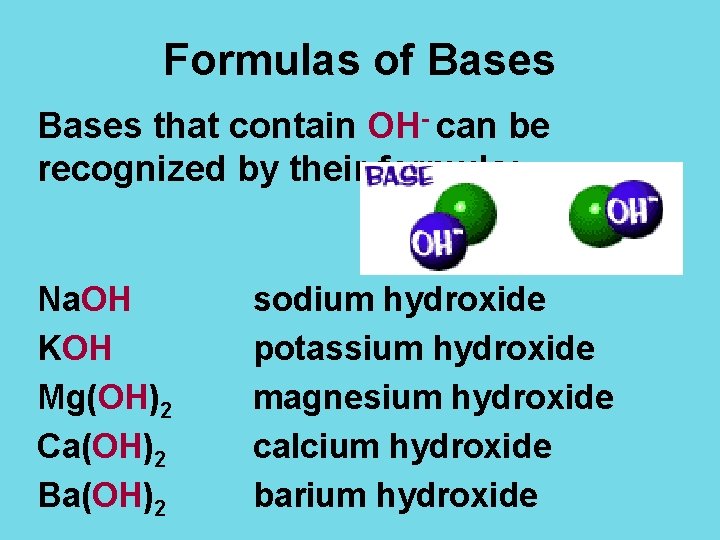 Formulas of Bases that contain OH- can be recognized by their formula: Na. OH