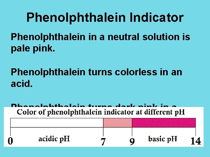 Phenolphthalein Indicator Phenolphthalein in a neutral solution is pale pink. Phenolphthalein turns colorless in