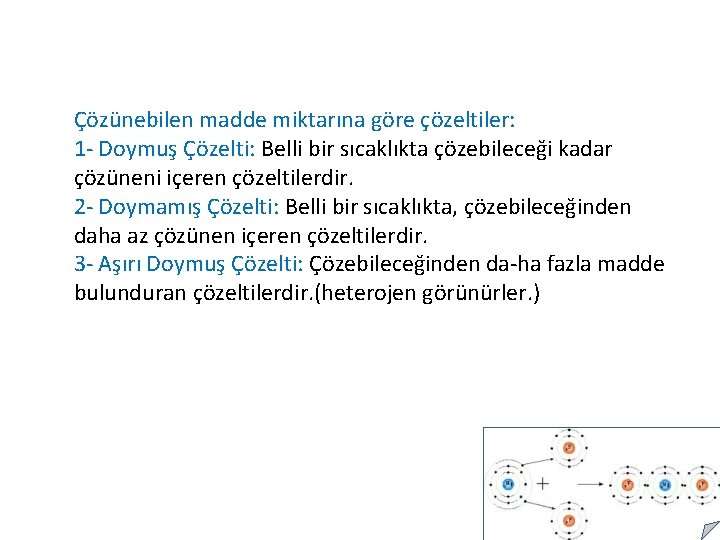 Çözünebilen madde miktarına göre çözeltiler: 1 - Doymuş Çözelti: Belli bir sıcaklıkta çözebileceği kadar