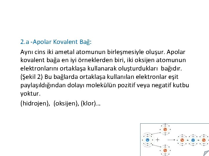 2. a -Apolar Kovalent Bağ: Aynı cins iki ametal atomunun birleşmesiyle oluşur. Apolar kovalent