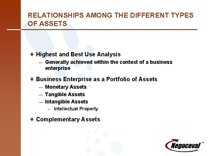 RELATIONSHIPS AMONG THE DIFFERENT TYPES OF ASSETS ¨ Highest and Best Use Analysis —