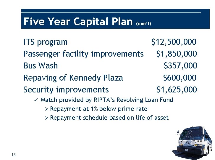 Five Year Capital Plan (con’t) ITS program $12, 500, 000 Passenger facility improvements $1,