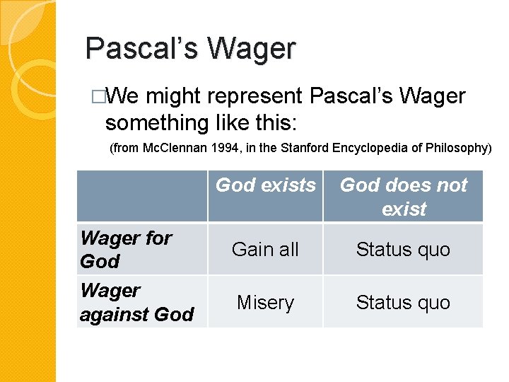 Pascal’s Wager �We might represent Pascal’s Wager something like this: (from Mc. Clennan 1994,