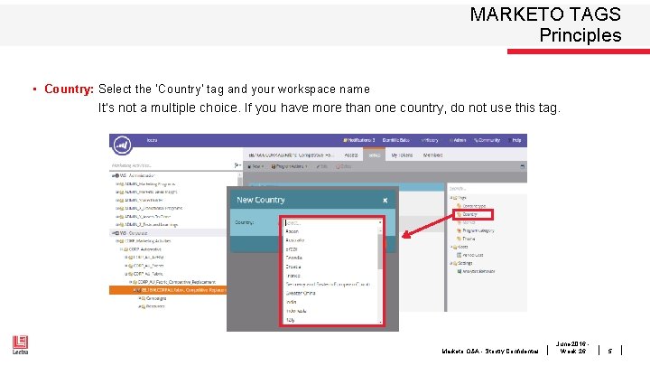 MARKETO TAGS Principles • Country: Select the ‘Country’ tag and your workspace name It’s