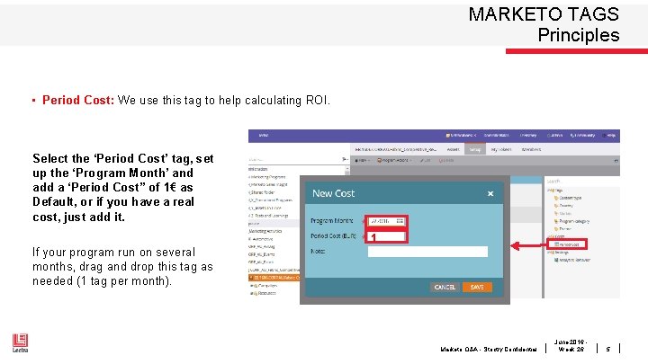 MARKETO TAGS Principles • Period Cost: We use this tag to help calculating ROI.