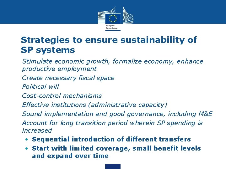 Strategies to ensure sustainability of SP systems • Stimulate economic growth, formalize economy, enhance