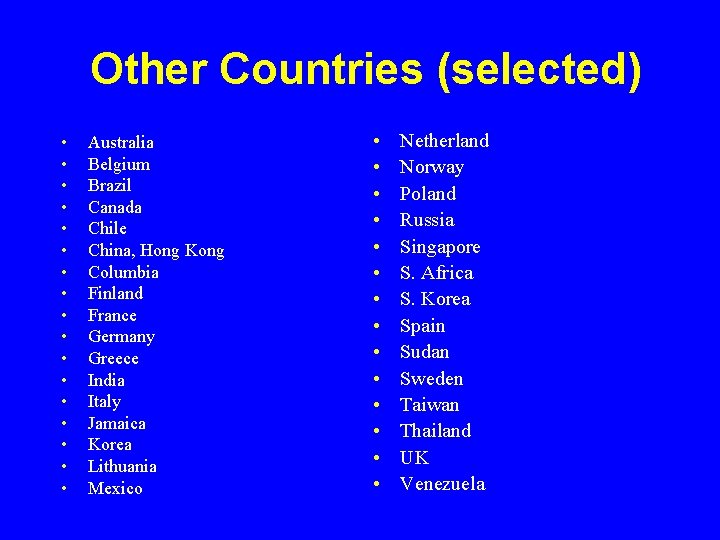 Other Countries (selected) • • • • • Australia Belgium Brazil Canada Chile China,