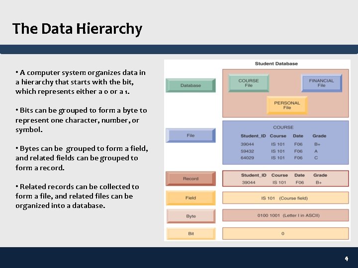 The Data Hierarchy • A computer system organizes data in a hierarchy that starts
