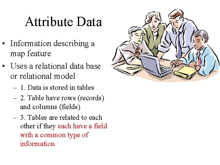 Attribute Data • Information describing a map feature • Uses a relational data base