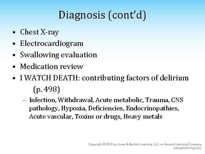 Diagnosis (cont’d) • • • Chest X-ray Electrocardiogram Swallowing evaluation Medication review I WATCH