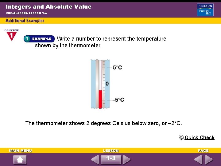 Integers and Absolute Value PRE-ALGEBRA LESSON 1 -4 Write a number to represent the