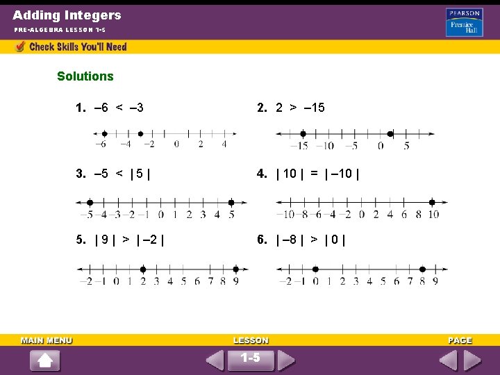 Adding Integers PRE-ALGEBRA LESSON 1 -5 Solutions 1. – 6 < – 3 2.