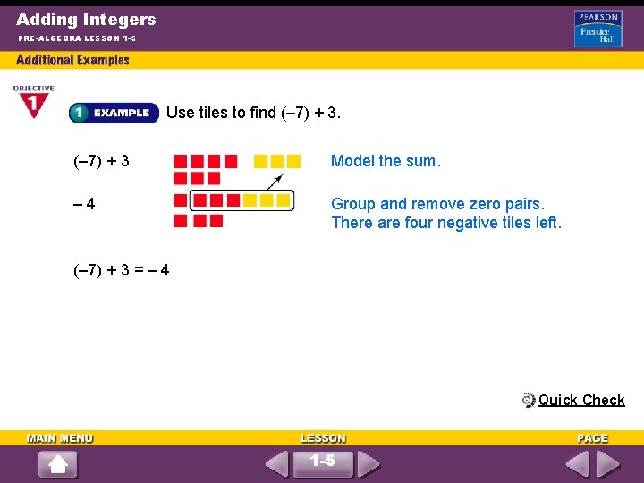 Adding Integers PRE-ALGEBRA LESSON 1 -5 Use tiles to find (– 7) + 3