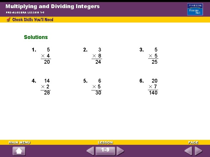 Multiplying and Dividing Integers PRE-ALGEBRA LESSON 1 -9 Solutions 1. 5 4 20 2.