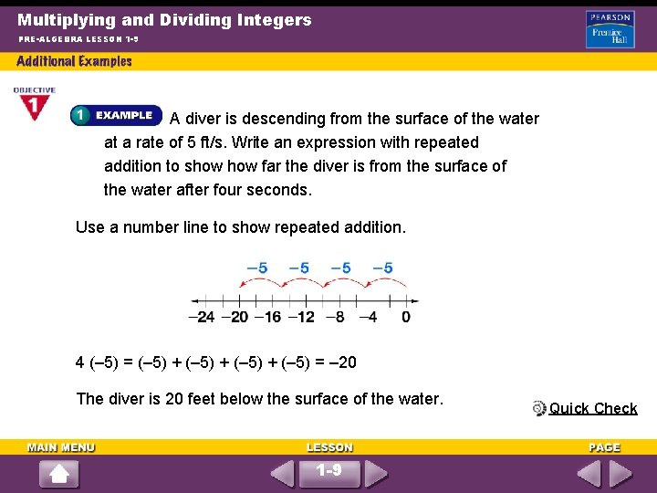 Multiplying and Dividing Integers PRE-ALGEBRA LESSON 1 -9 A diver is descending from the