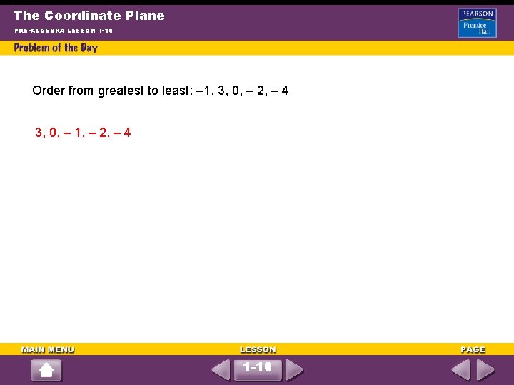 The Coordinate Plane PRE-ALGEBRA LESSON 1 -10 Order from greatest to least: – 1,