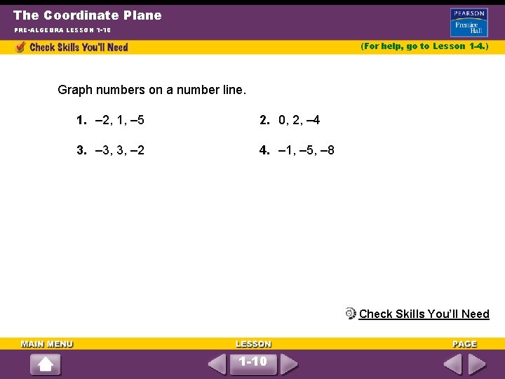 The Coordinate Plane PRE-ALGEBRA LESSON 1 -10 (For help, go to Lesson 1 -4.