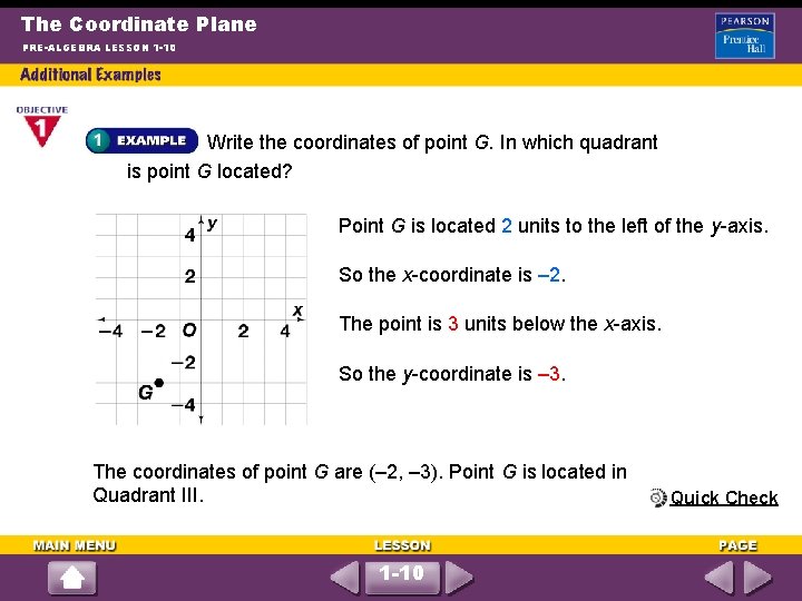 The Coordinate Plane PRE-ALGEBRA LESSON 1 -10 Write the coordinates of point G. In
