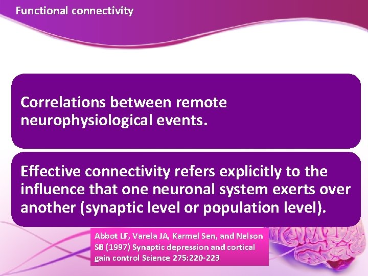 Functional connectivity Correlations between remote neurophysiological events. Effective connectivity refers explicitly to the influence Functional connectivity Correlations between remote neurophysiological events. Effective connectivity refers explicitly to the influence