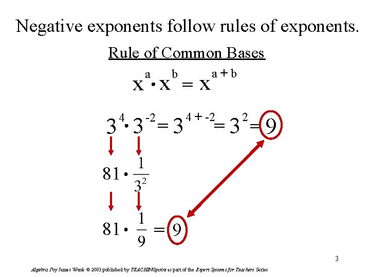 Negative exponents follow rules of exponents. Rule of Common Bases a b x x