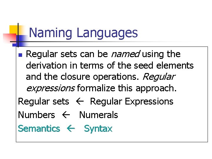 Naming Languages Regular sets can be named using the derivation in terms of the