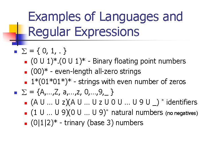 Examples of Languages and Regular Expressions n n = { 0, 1, . }