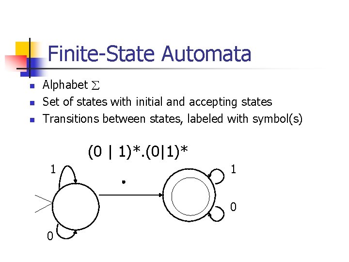 Finite-State Automata n n n Alphabet Set of states with initial and accepting states