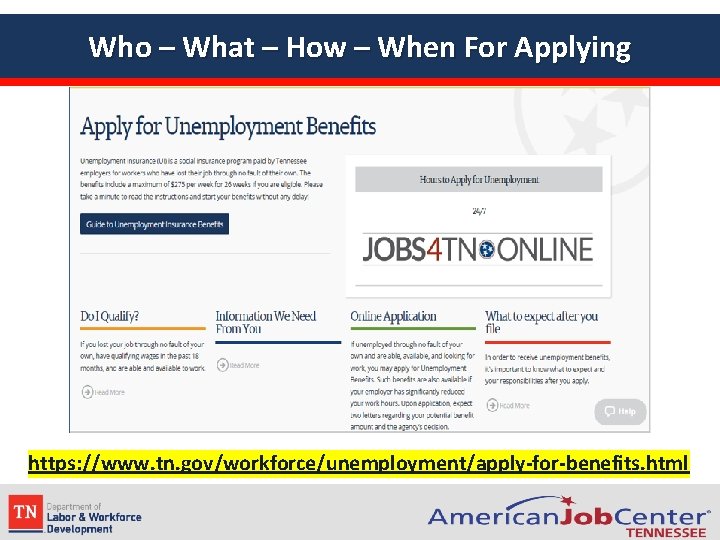 Who – What – How – When For Applying https: //www. tn. gov/workforce/unemployment/apply-for-benefits. html