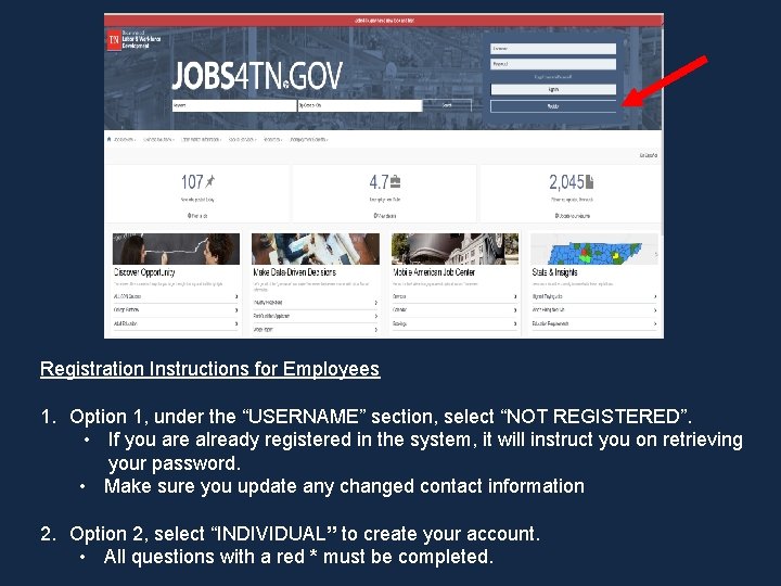 Registration Instructions for Employees 1. Option 1, under the “USERNAME” section, select “NOT REGISTERED”.