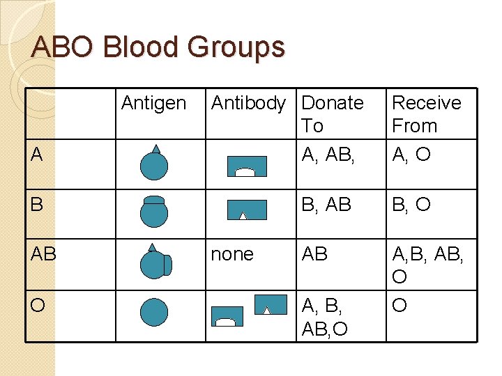 ABO Blood Groups Antigen A Antibody Donate To A, AB, B AB O none