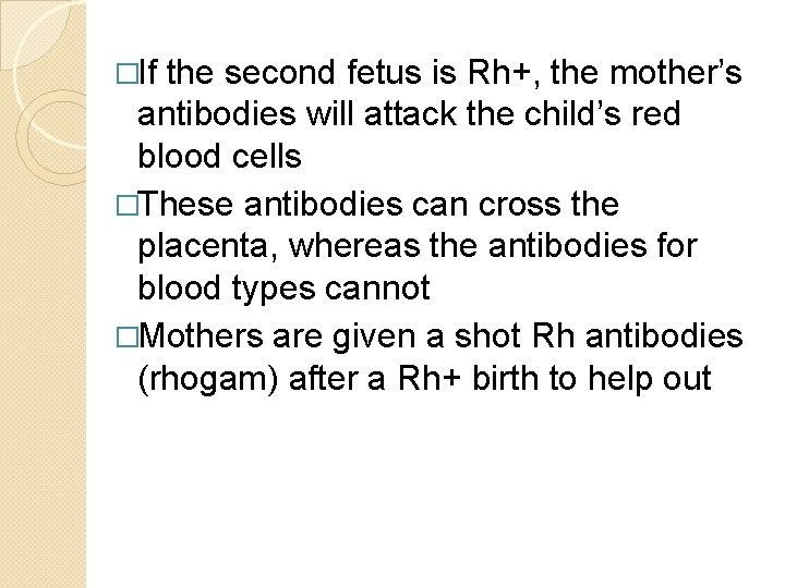 �If the second fetus is Rh+, the mother’s antibodies will attack the child’s red